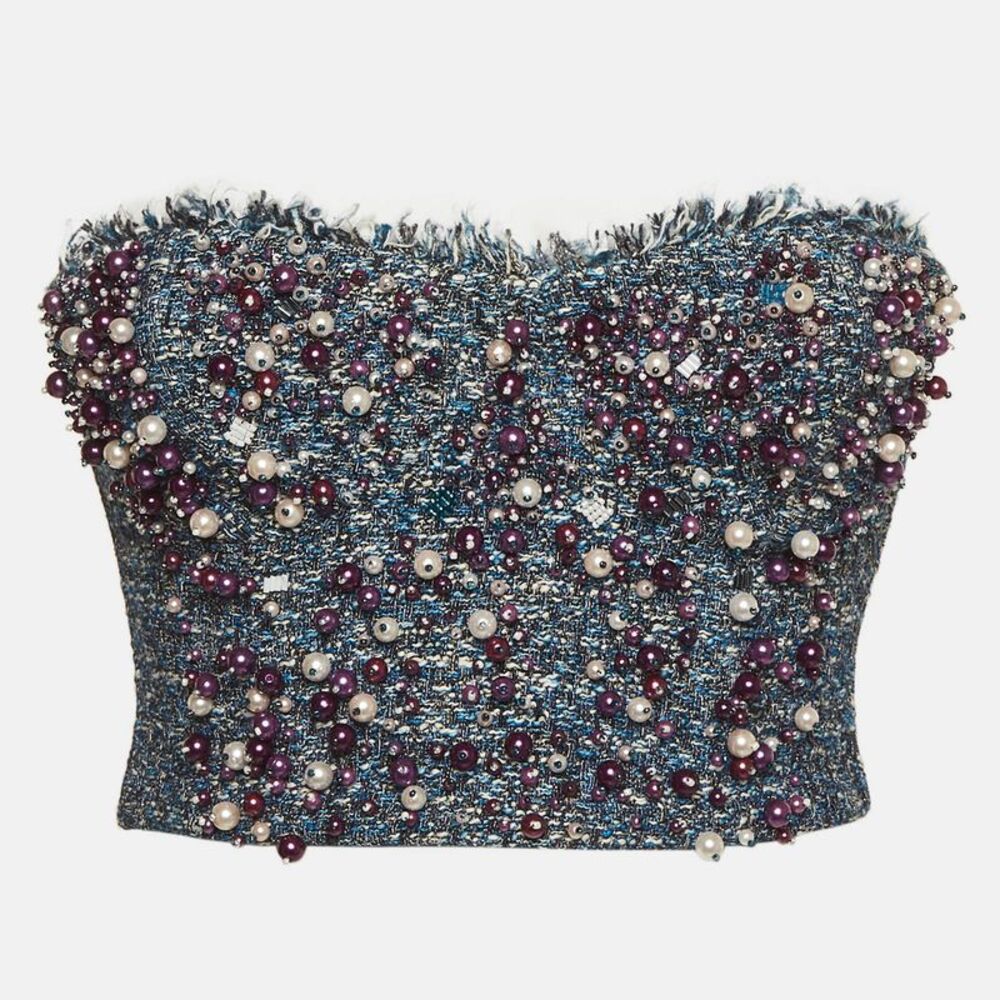 Elisabetta Franchi Blue Tweed Embroidered Bustier Top S